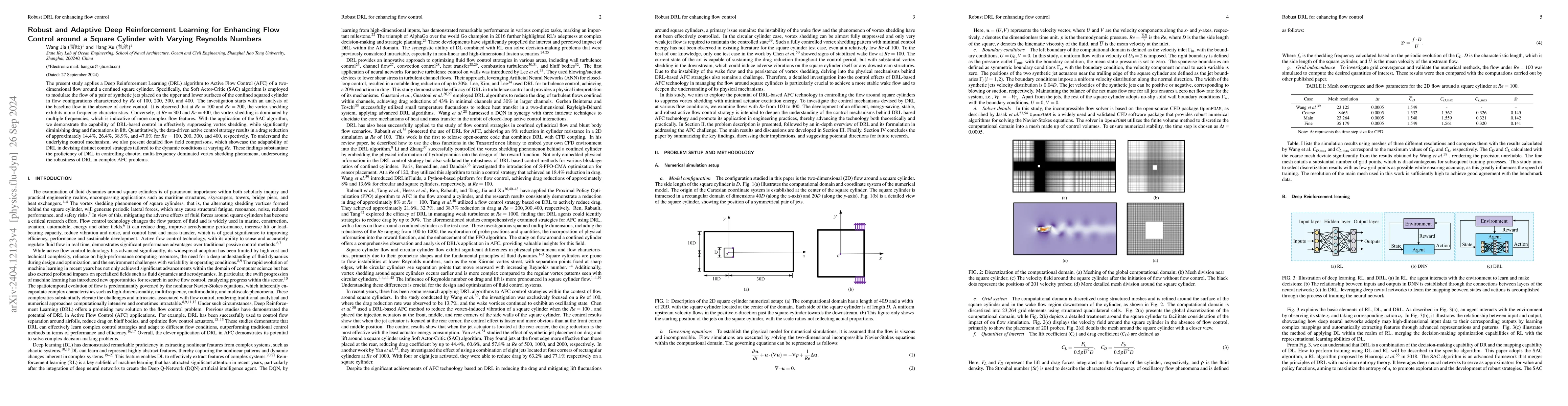 Thumbnail for Robust and Adaptive Deep Reinforcement Learning for Enhancing Flow
  Control around a Square Cylinder with Varying Reynolds Numbers