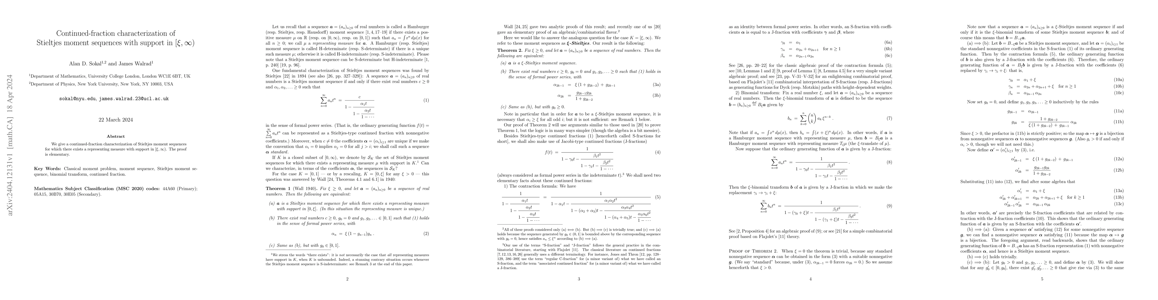Thumbnail for Continued-fraction characterization of Stieltjes moment sequences with
  support in $[\xi, \infty)$