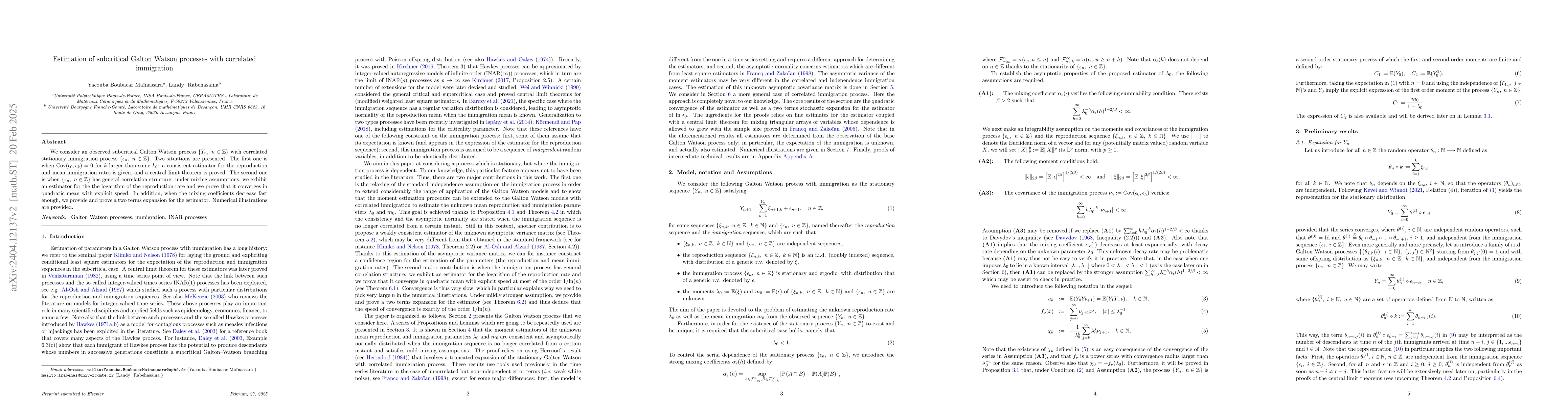 Thumbnail for Estimation of subcritical Galton Watson processes with correlated
  immigration