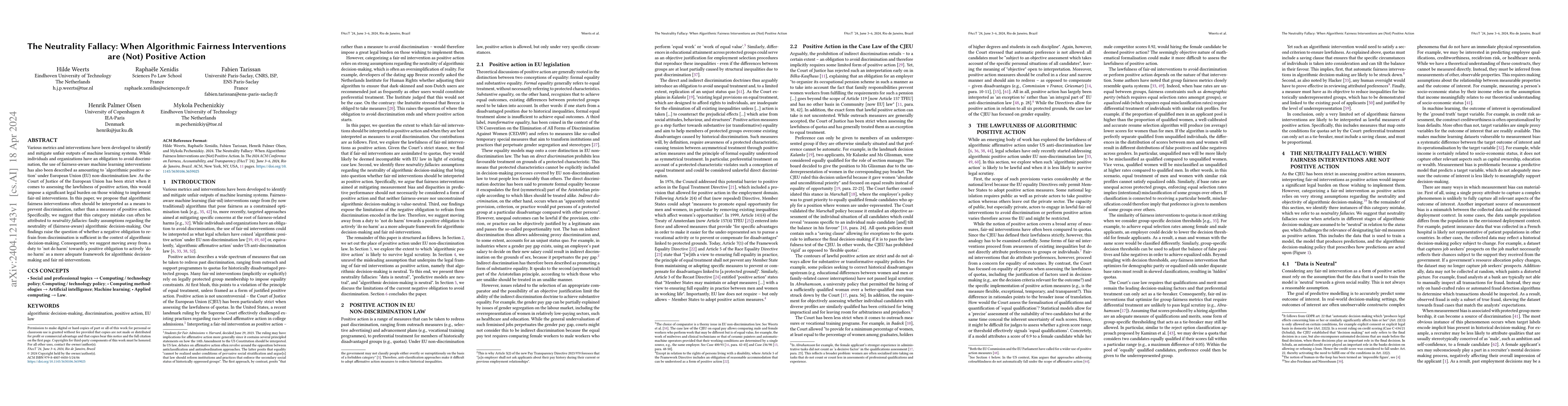 Thumbnail for The Neutrality Fallacy: When Algorithmic Fairness Interventions are
  (Not) Positive Action