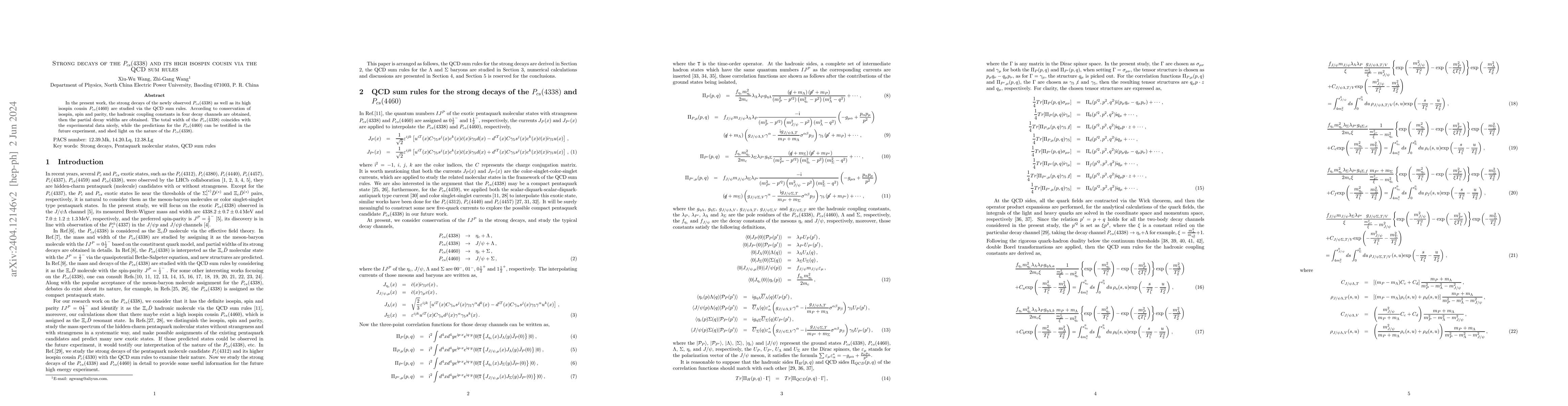 Thumbnail for Strong decays of the $P_{cs}(4338)$ and its high isospin cousin via the
  QCD sum rules
