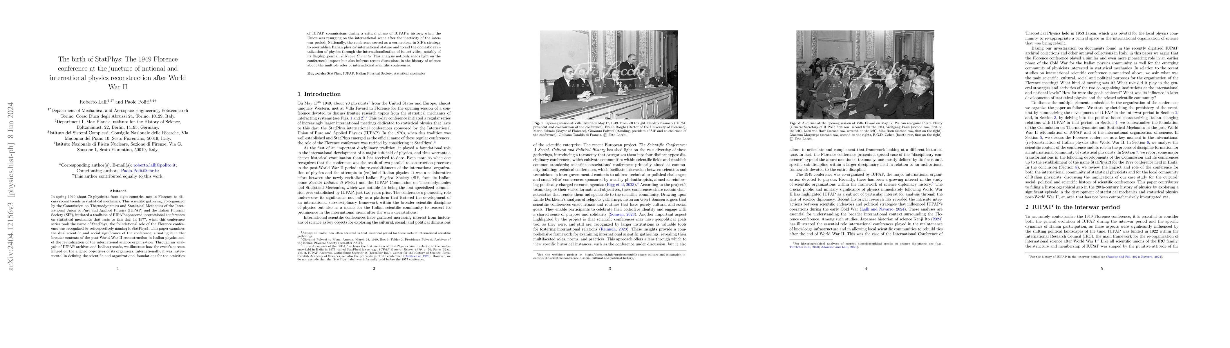 Thumbnail for The birth of StatPhys: The 1949 Florence conference at the juncture of
  national and international physics reconstruction after World War II