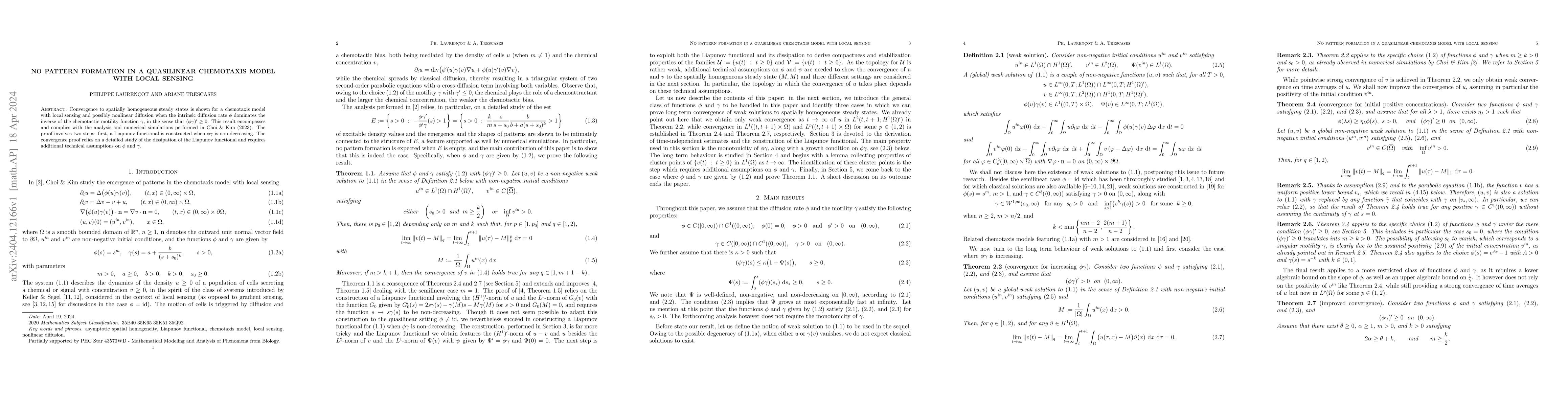 Thumbnail for No pattern formation in a quasilinear chemotaxis model with local
  sensing