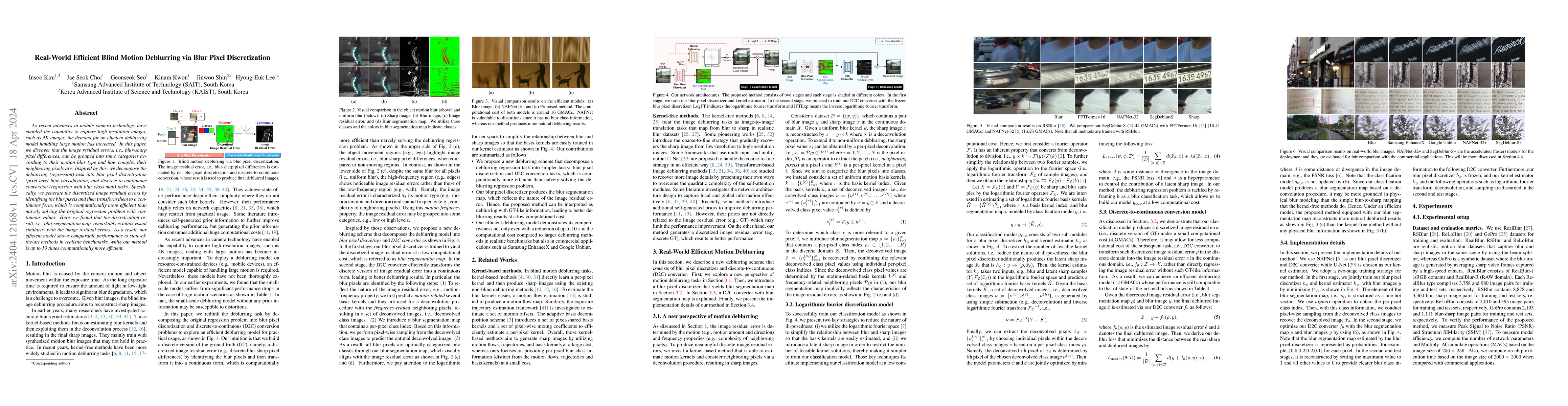 Thumbnail for Real-World Efficient Blind Motion Deblurring via Blur Pixel
  Discretization