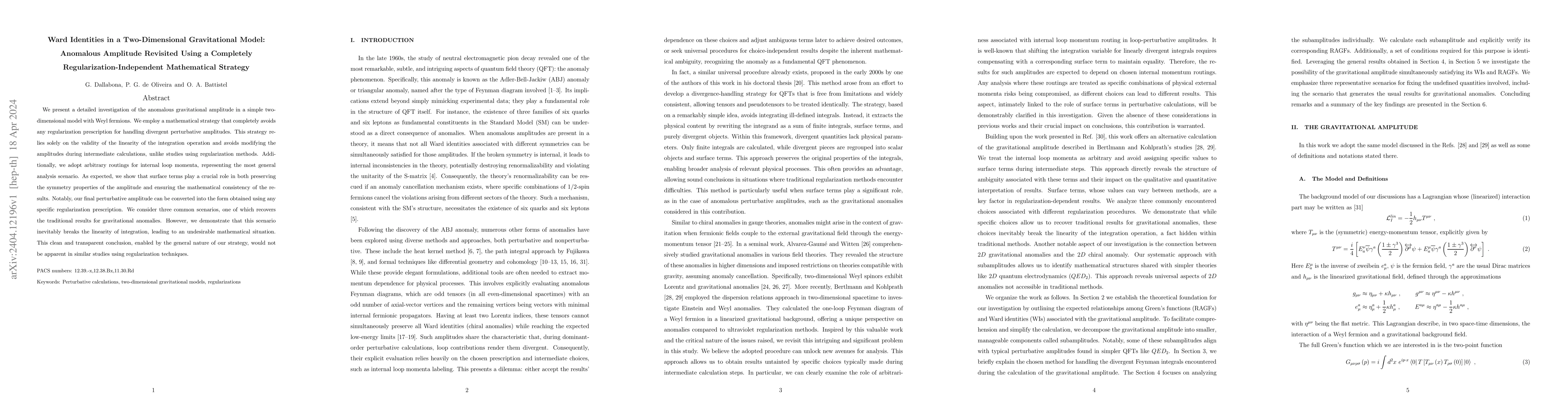 Thumbnail for Ward Identities in a Two-Dimensional Gravitational Model: Anomalous
  Amplitude Revisited Using a Completely Regularization-Independent
  Mathematical Strategy
