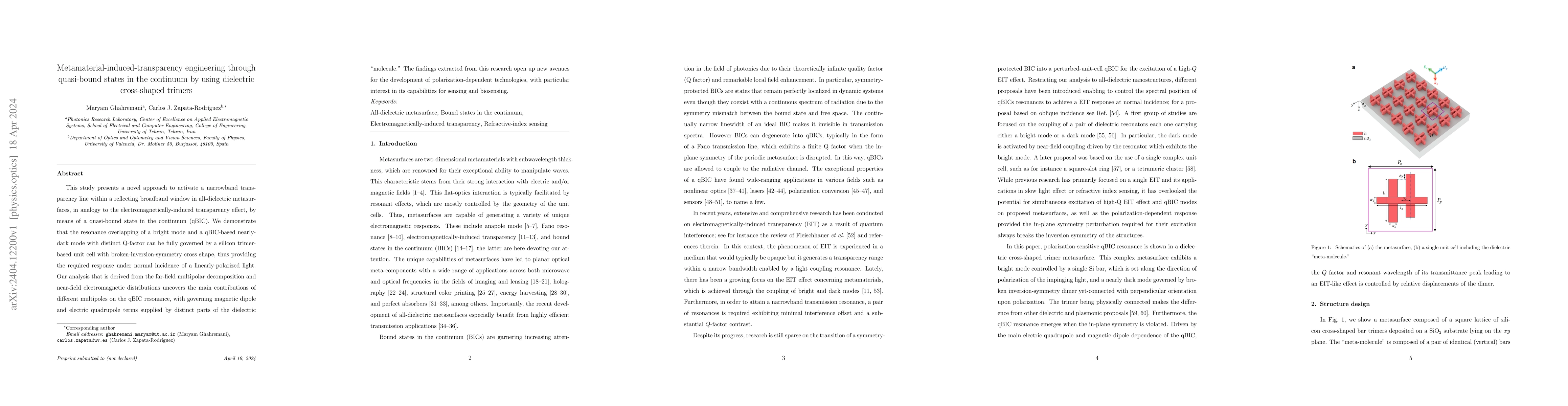 Thumbnail for Metamaterial-induced-transparency engineering through quasi-bound states
  in the continuum by using dielectric cross-shaped trimers