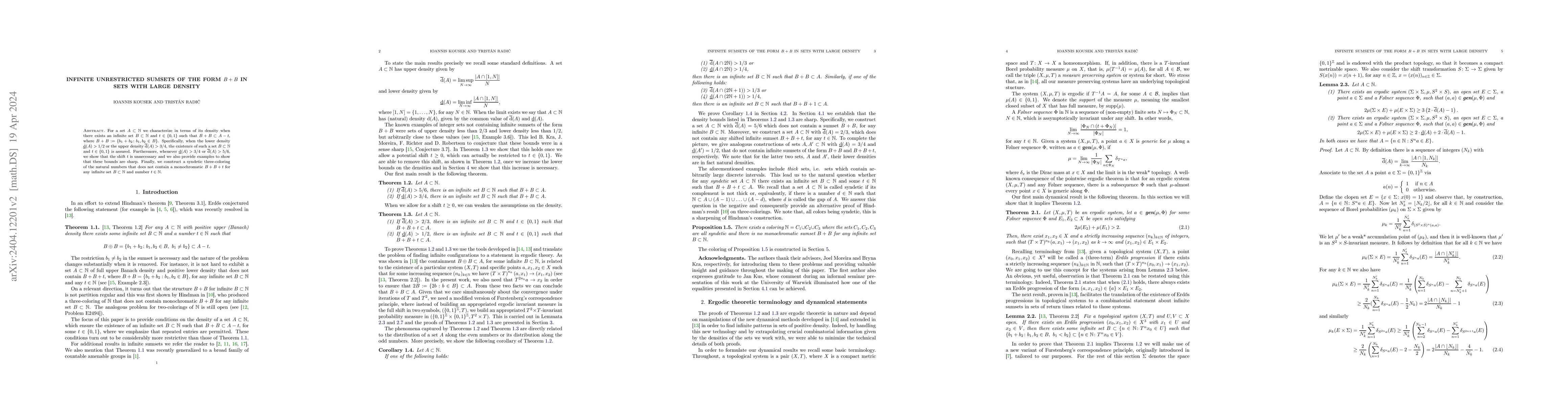 Thumbnail for Infinite unrestricted sumsets of the form $B+B$ in sets with large
  density