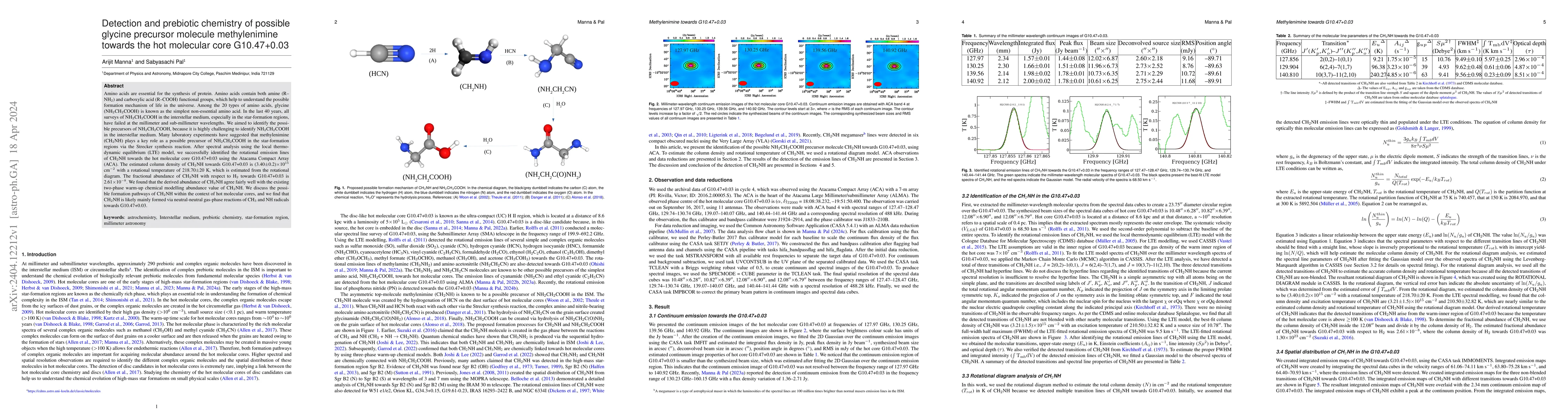 Thumbnail for Detection and prebiotic chemistry of possible glycine precursor molecule
  methylenimine towards the hot molecular core G10.47+0.03