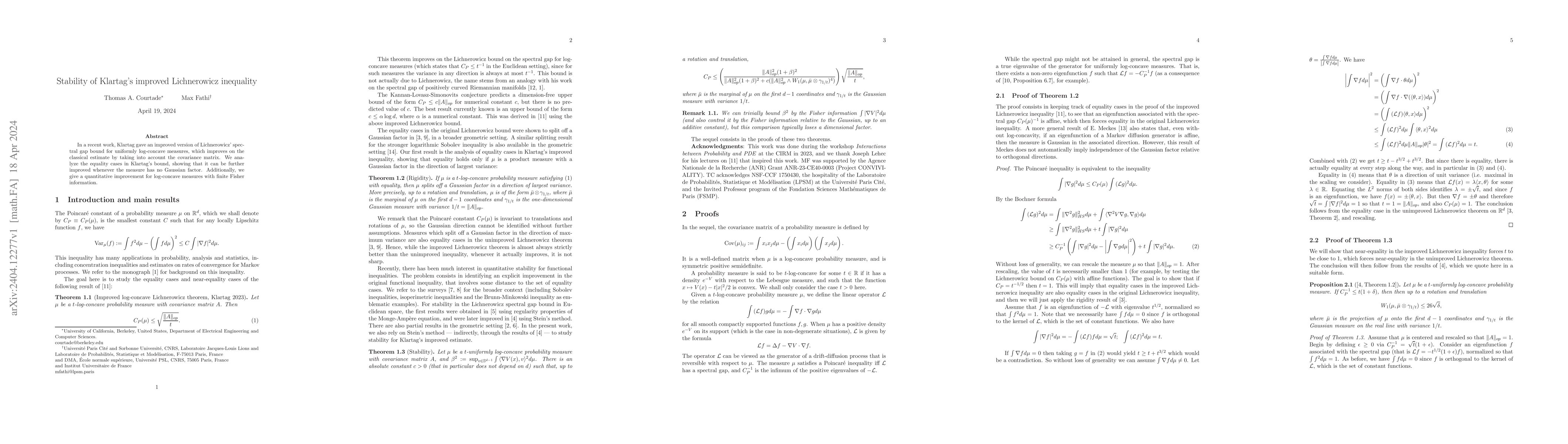 Thumbnail for Stability of Klartag's improved Lichnerowicz inequality