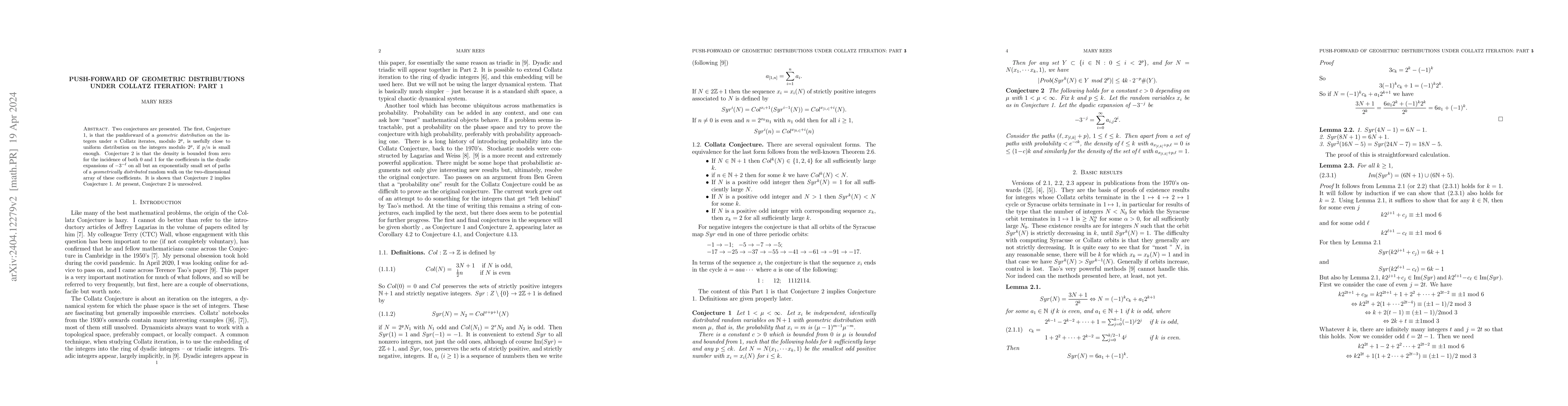 Thumbnail for Push-forward of geometric distributions under Collatz iteration: Part 1