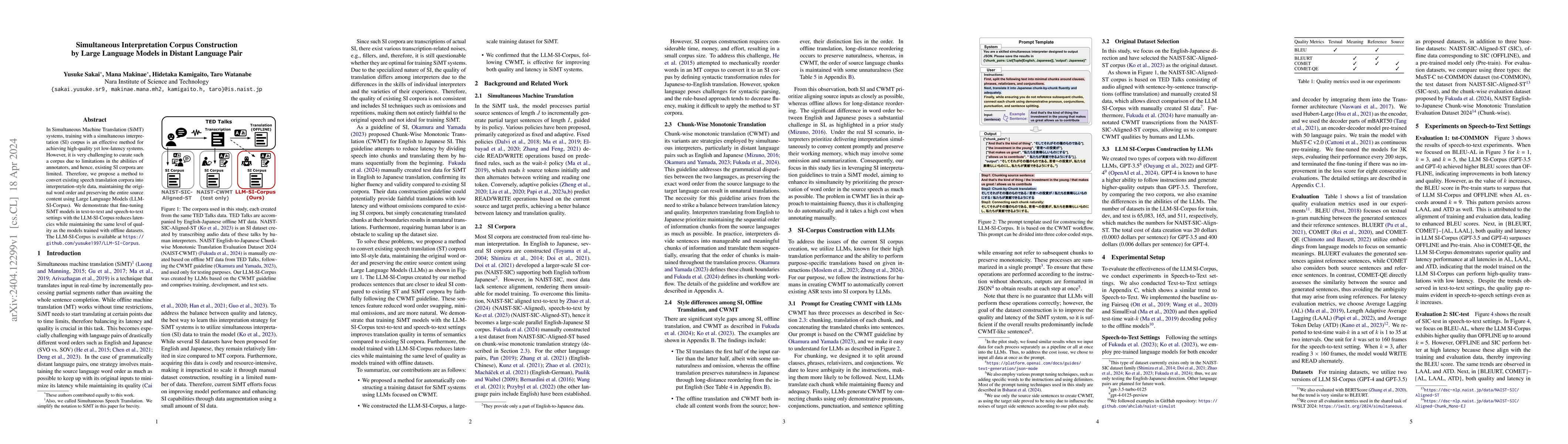 Thumbnail for Simultaneous Interpretation Corpus Construction by Large Language Models
  in Distant Language Pair