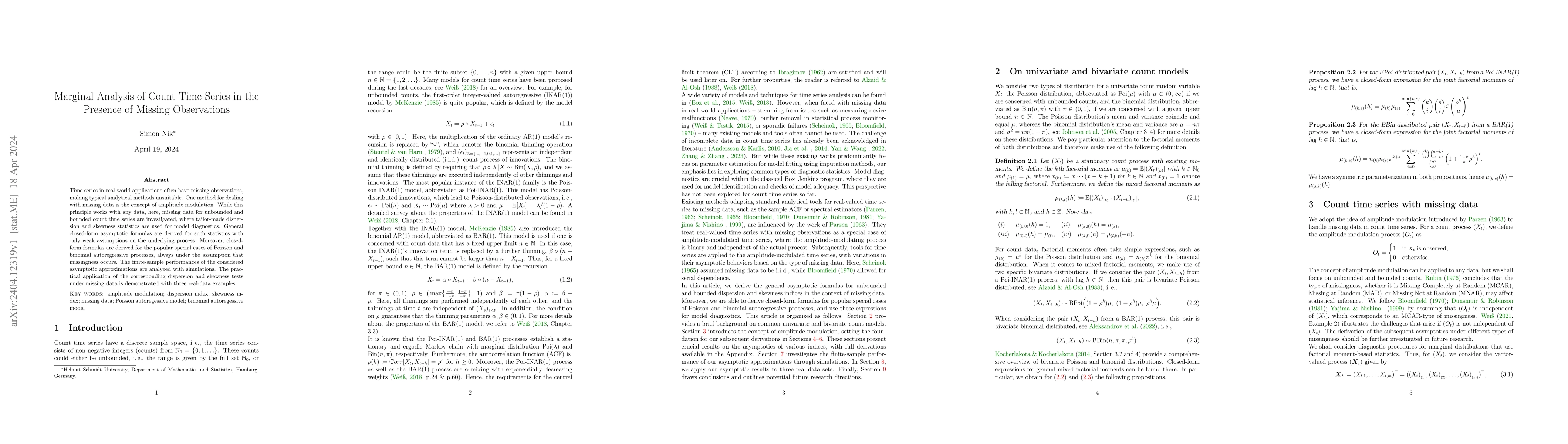 Thumbnail for Marginal Analysis of Count Time Series in the Presence of Missing
  Observations