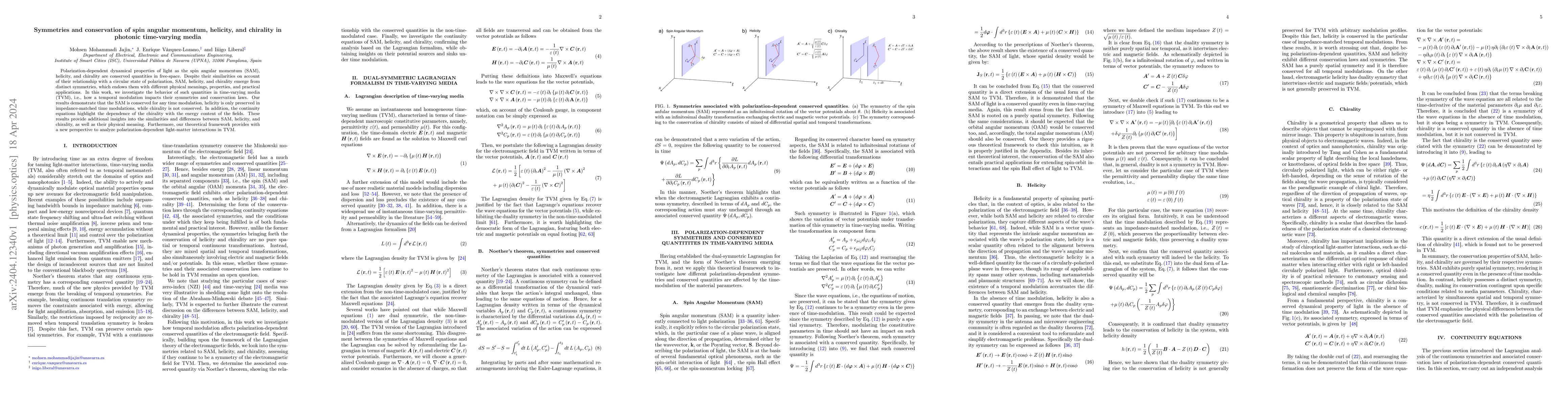 Thumbnail for Symmetries and conservation of spin angular momentum, helicity, and
  chirality in photonic time-varying media