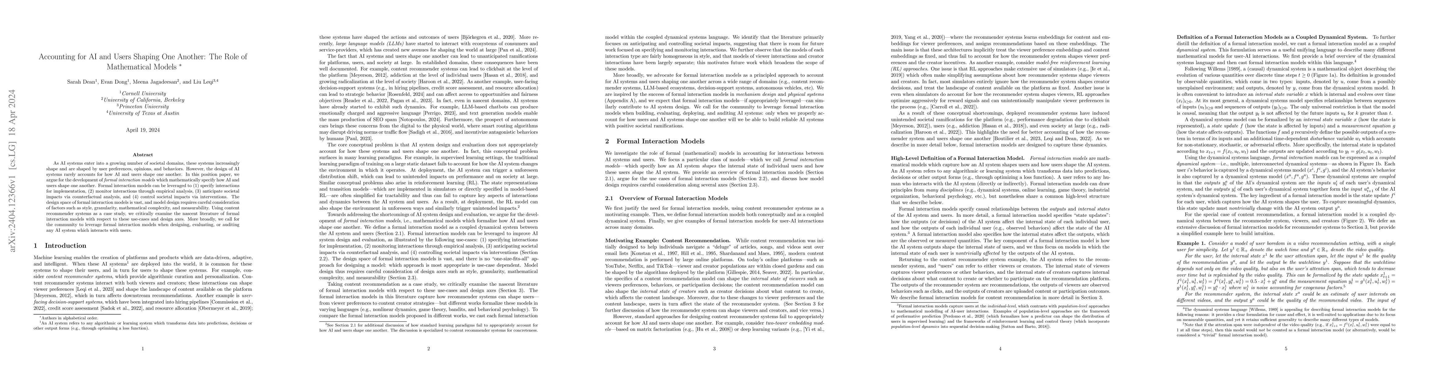 Thumbnail for Accounting for AI and Users Shaping One Another: The Role of
  Mathematical Models