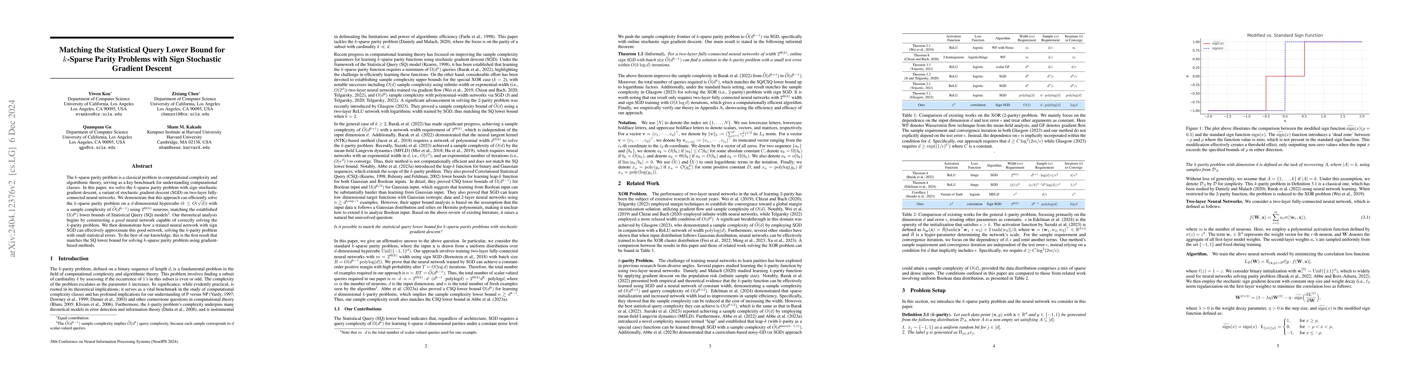 Thumbnail for Matching the Statistical Query Lower Bound for k-sparse Parity Problems
  with Stochastic Gradient Descent