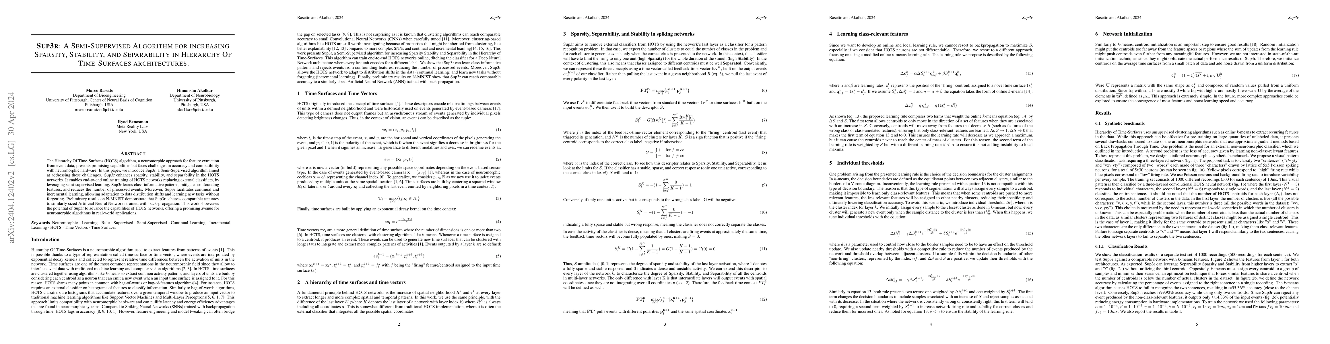 Thumbnail for Sup3r: A Semi-Supervised Algorithm for increasing Sparsity, Stability,
  and Separability in Hierarchy Of Time-Surfaces architectures
