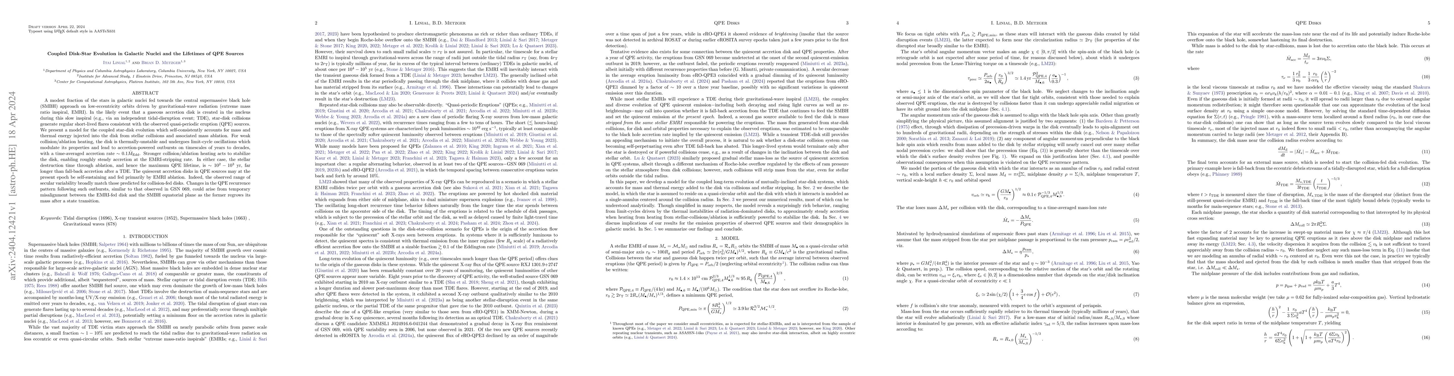 Thumbnail for Coupled Disk-Star Evolution in Galactic Nuclei and the Lifetimes of QPE
  Sources
