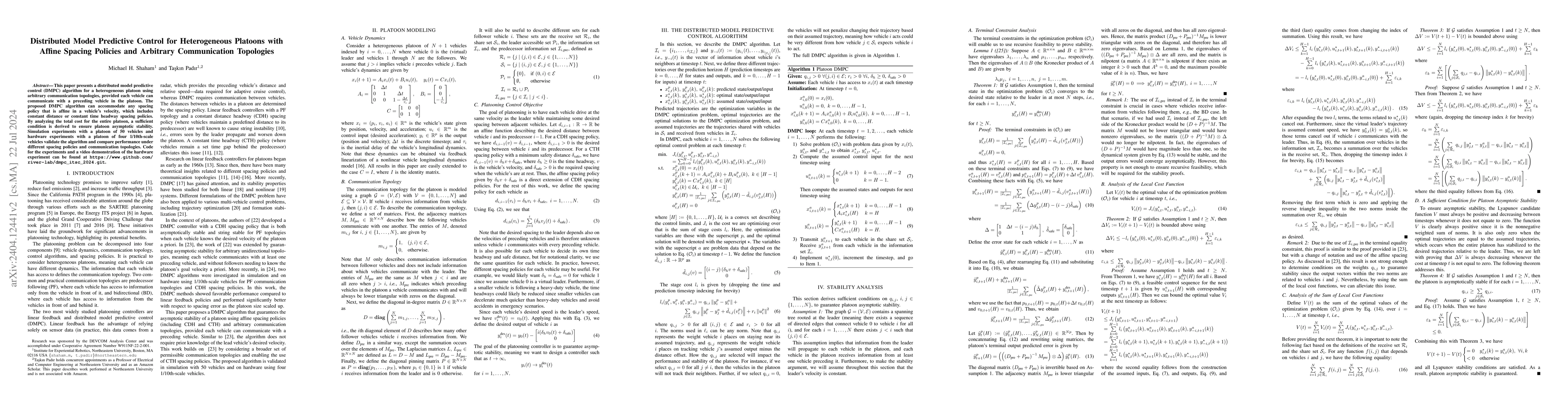 Thumbnail for Distributed Model Predictive Control for Heterogeneous Platoons with
  Affine Spacing Policies and Arbitrary Communication Topologies
