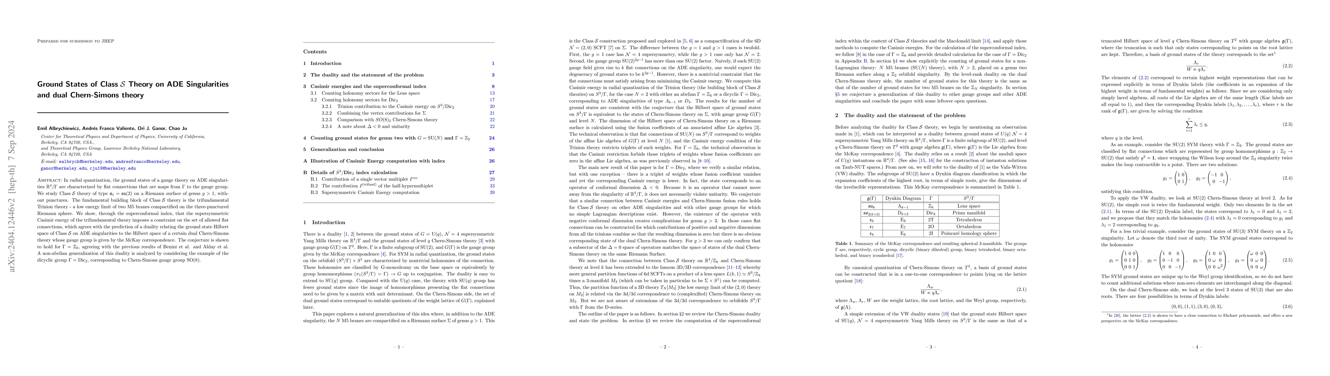 Thumbnail for Ground States of Class S Theory on ADE Singularities and dual
  Chern-Simons theory
