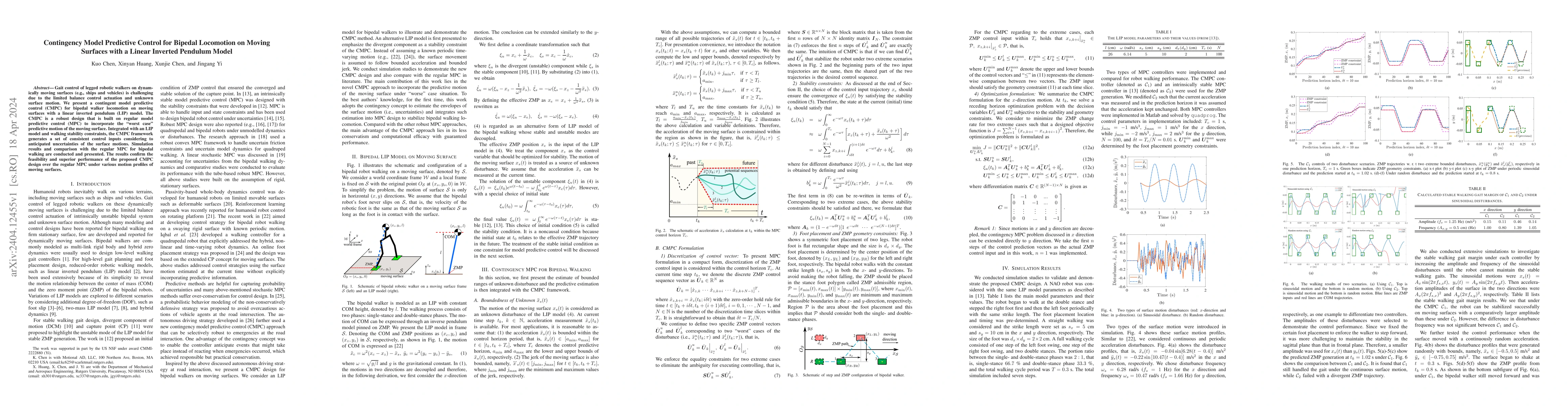 Thumbnail for Contingency Model Predictive Control for Bipedal Locomotion on Moving
  Surfaces with a Linear Inverted Pendulum Model