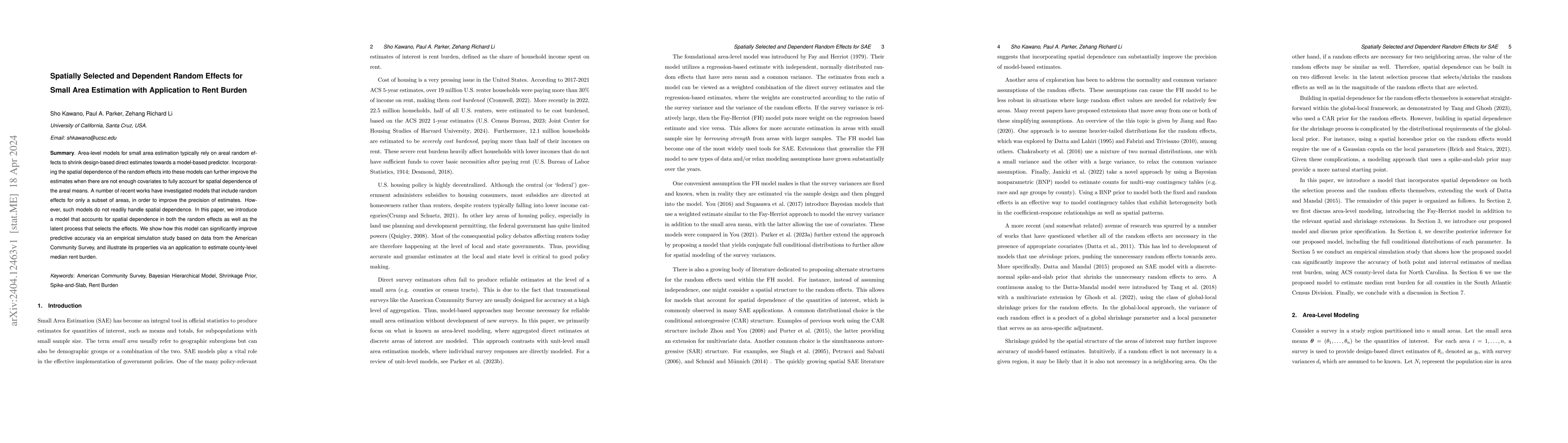 Thumbnail for Spatially Selected and Dependent Random Effects for Small Area
  Estimation with Application to Rent Burden
