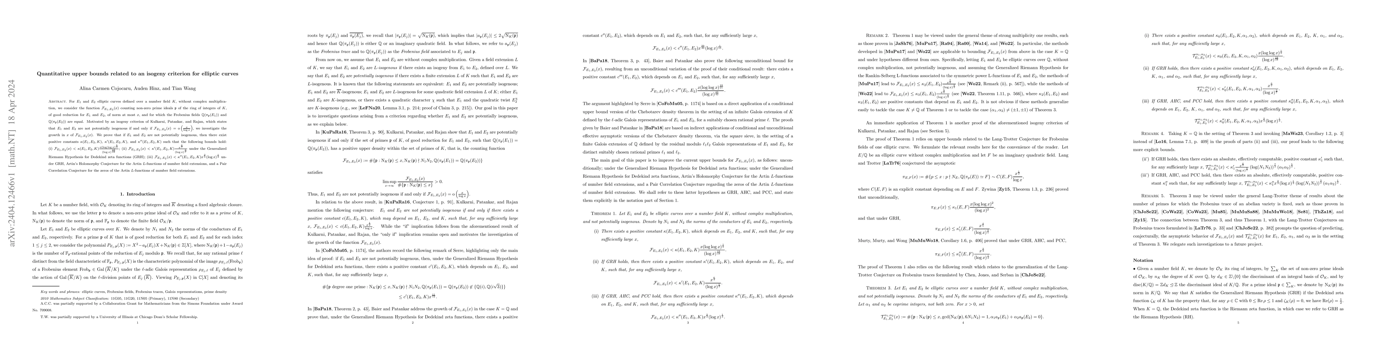 Thumbnail for Quantitative upper bounds related to an isogeny criterion for elliptic
  curves