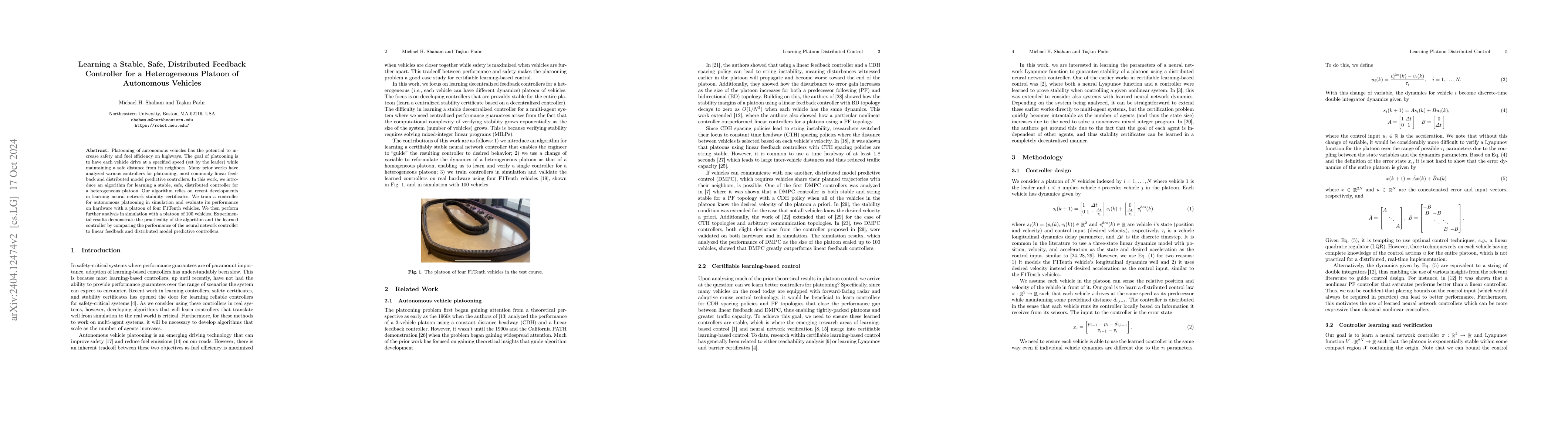 Thumbnail for Learning a Stable, Safe, Distributed Feedback Controller for a
  Heterogeneous Platoon of Vehicles