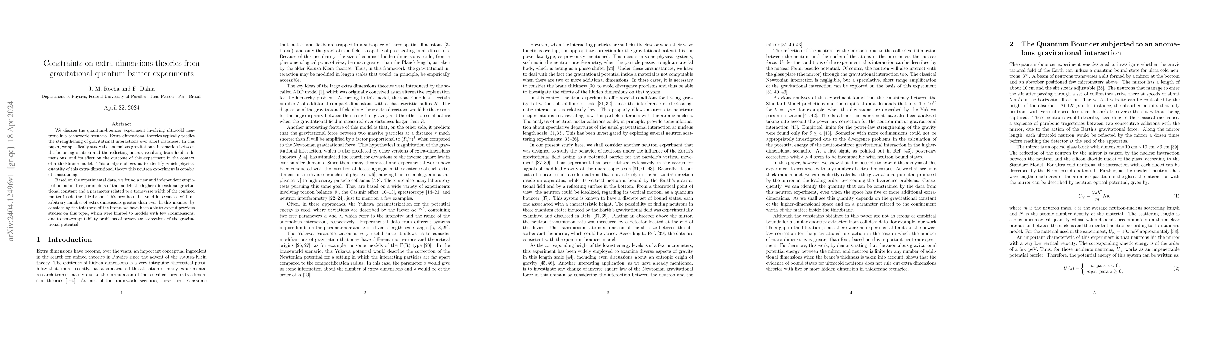 Thumbnail for Constraints on extra dimensions theories from gravitational quantum
  barrier experiments