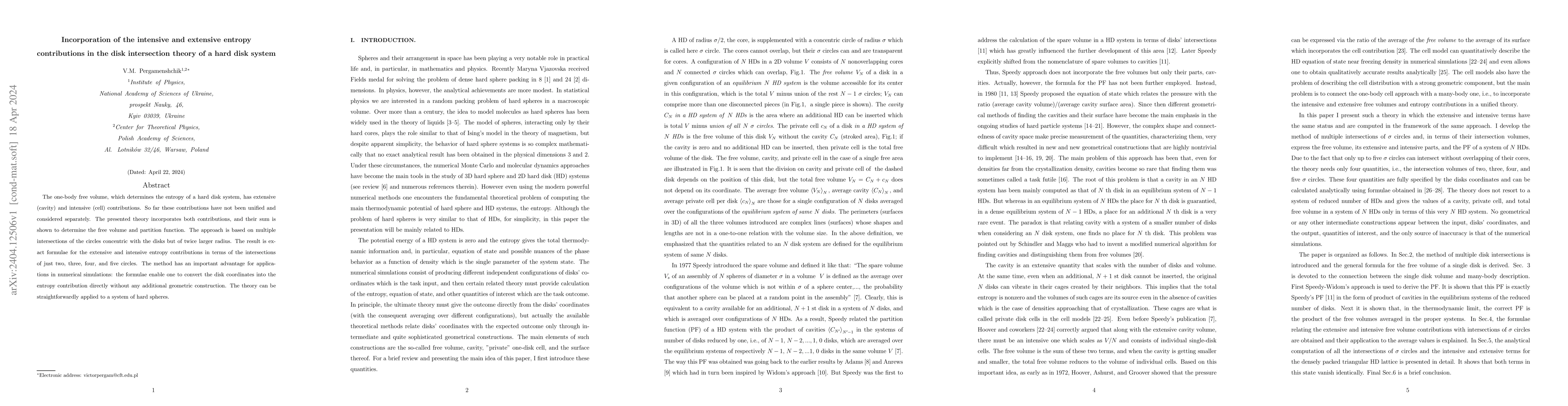 Thumbnail for Incorporation of the intensive and extensive entropy contributions in
  the disk intersection theory of a hard disk system