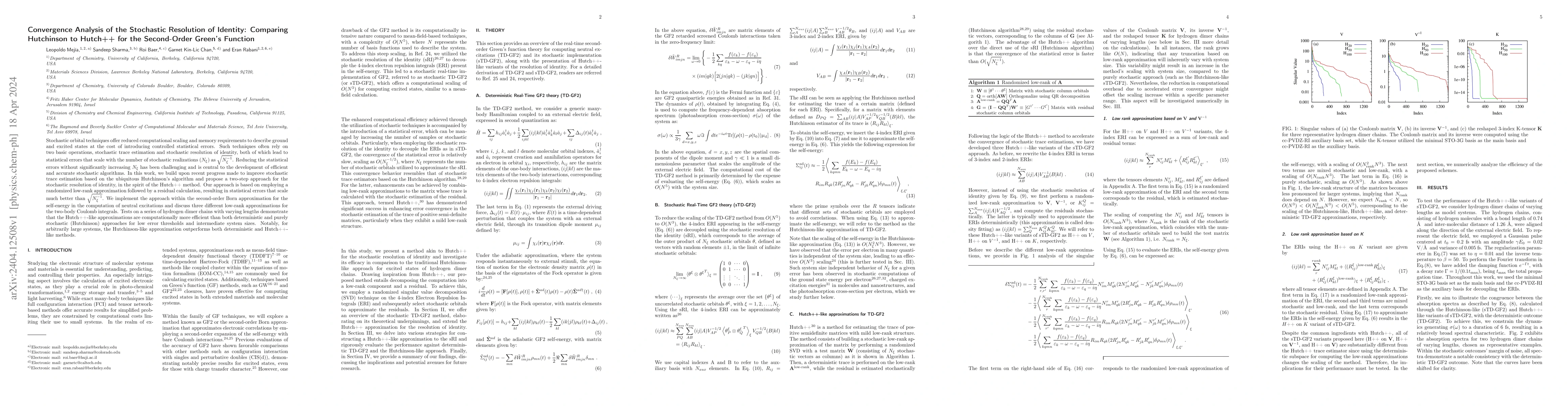 Thumbnail for Convergence Analysis of the Stochastic Resolution of Identity: Comparing
  Hutchinson to Hutch++ for the Second-Order Green's Function