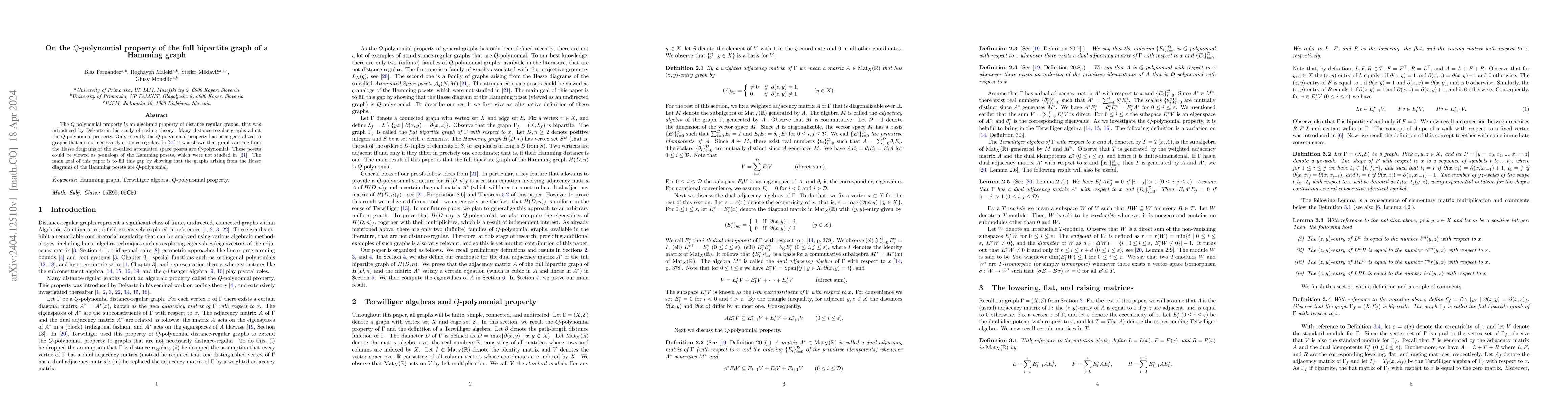 Thumbnail for On the $Q$-polynomial property of the full bipartite graph of a Hamming
  graph