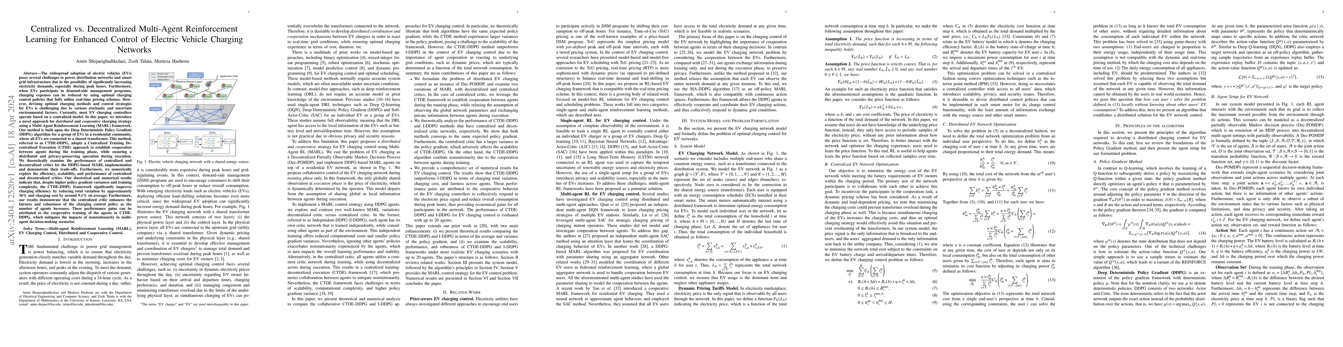 Thumbnail for Centralized vs. Decentralized Multi-Agent Reinforcement Learning for
  Enhanced Control of Electric Vehicle Charging Networks