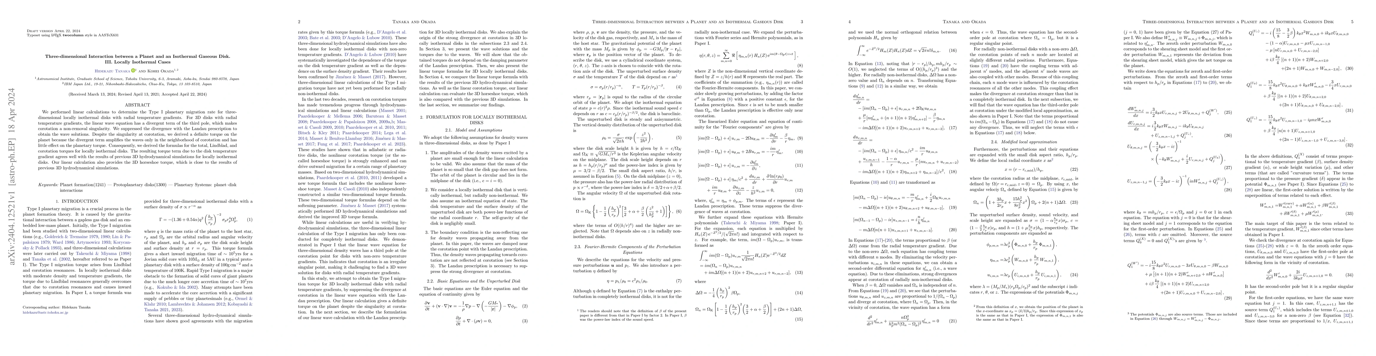 Thumbnail for Three-dimensional Interaction between a Planet and an Isothermal Gaseous
  Disk. III. Locally Isothermal Cases