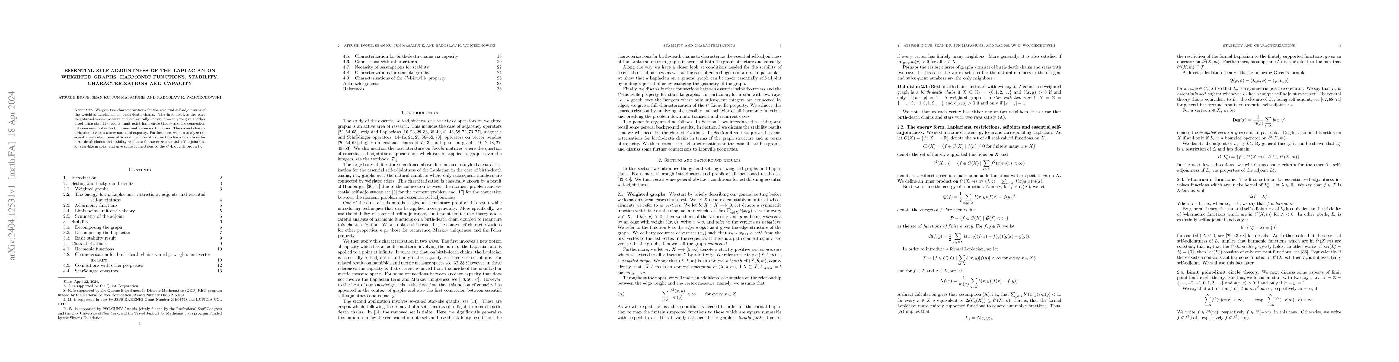 Thumbnail for Essential self-adjointness of the Laplacian on weighted graphs: harmonic
  functions, stability, characterizations and capacity