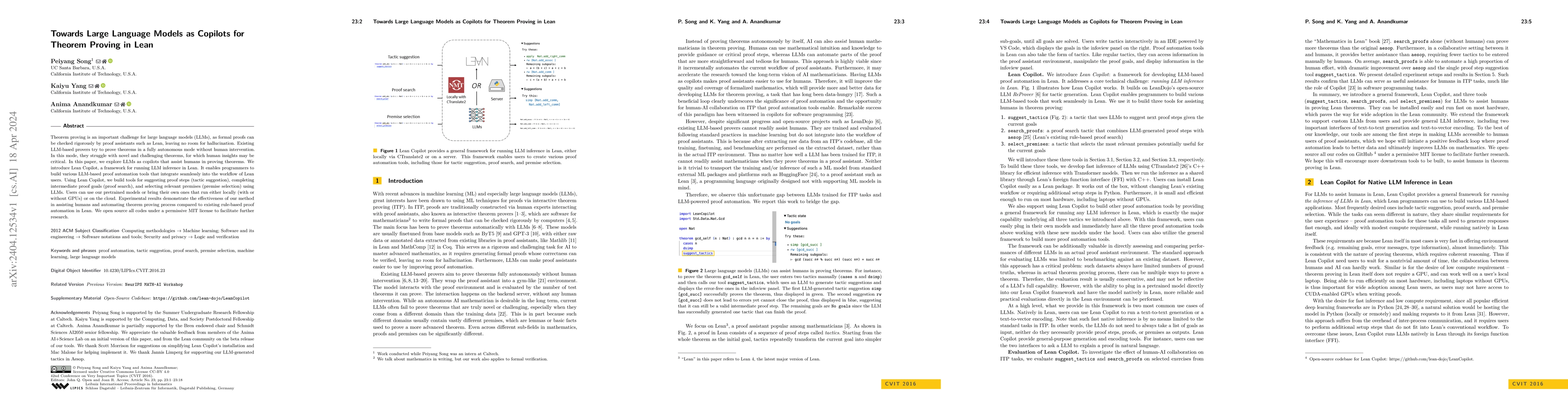 Thumbnail for Towards Large Language Models as Copilots for Theorem Proving in Lean