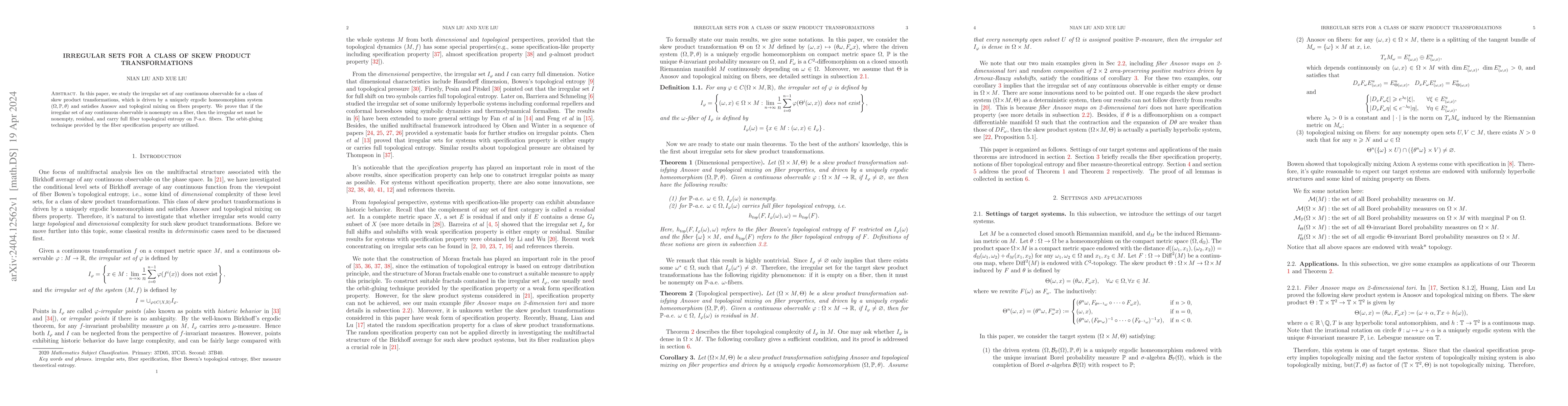 Thumbnail for Irregular sets for a class of skew product transformations