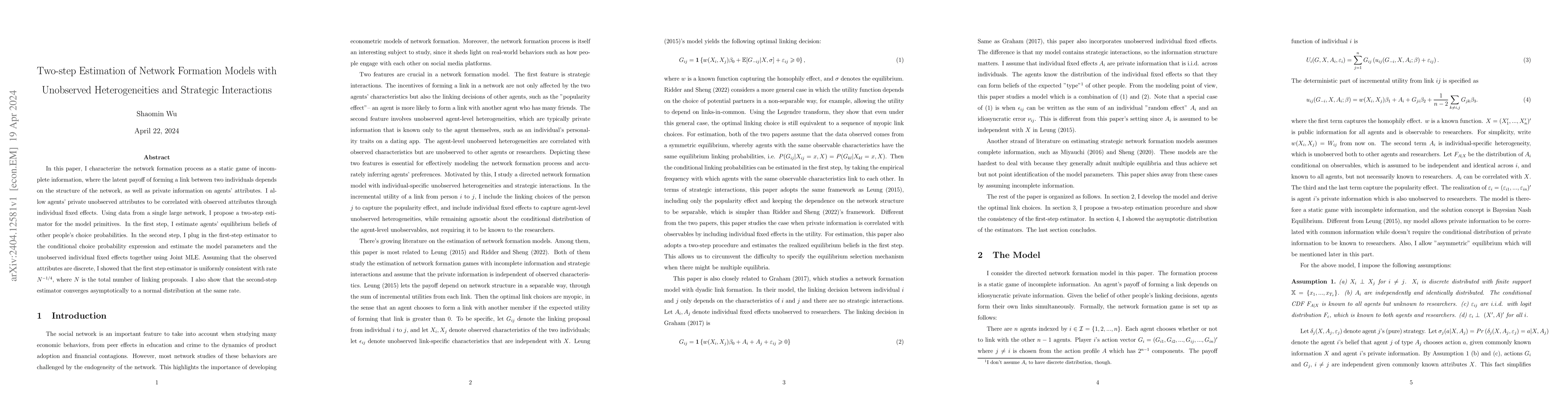 Thumbnail for Two-step Estimation of Network Formation Models with Unobserved
  Heterogeneities and Strategic Interactions
