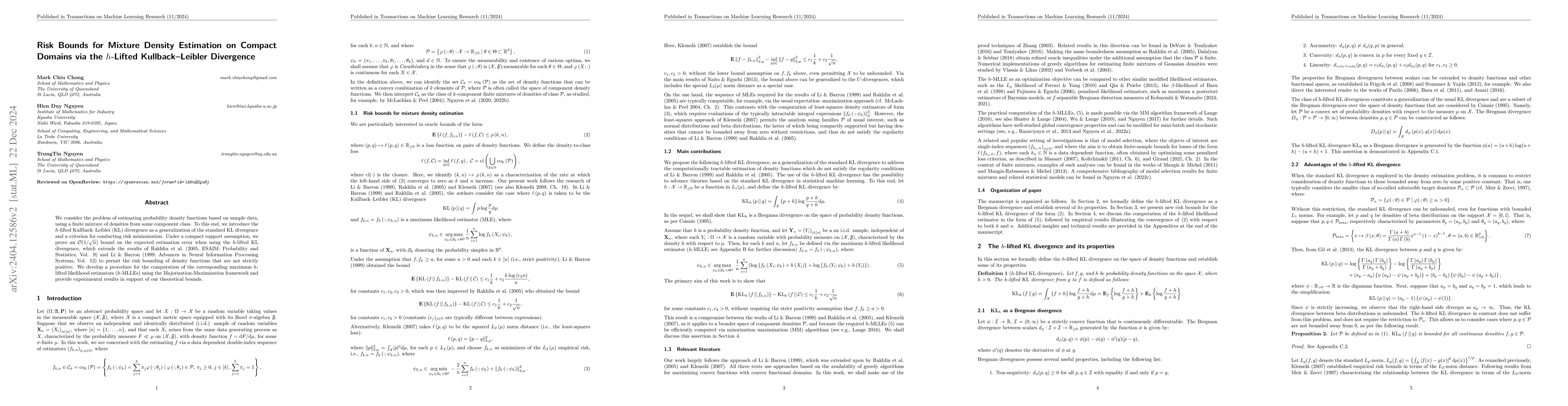 Thumbnail for Risk Bounds for Mixture Density Estimation on Compact Domains via the
  $h$-Lifted Kullback--Leibler Divergence