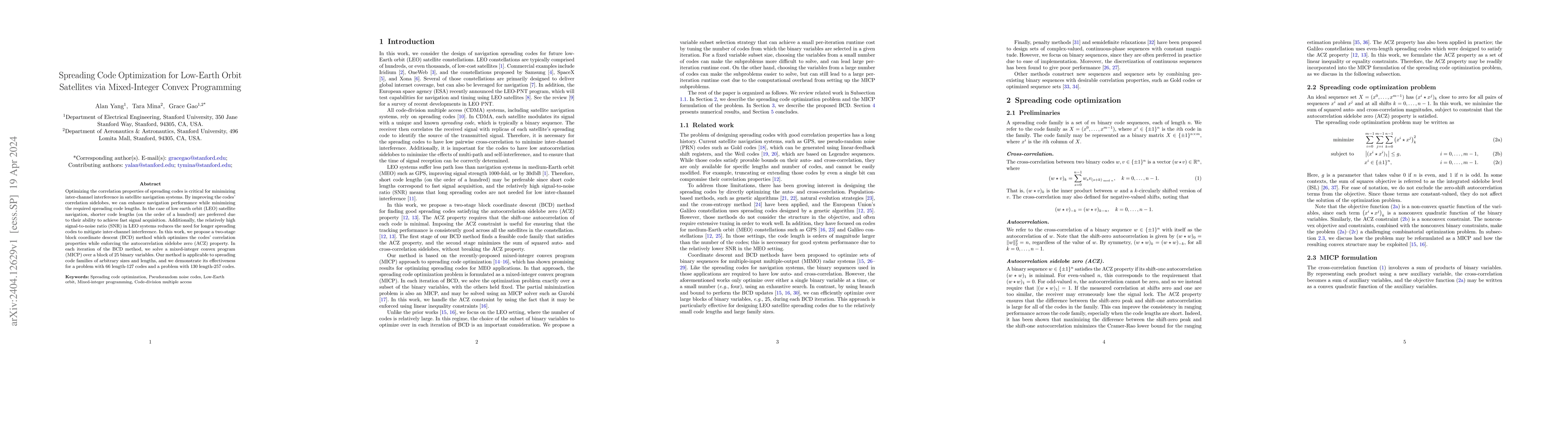 Thumbnail for Spreading Code Optimization for Low-Earth Orbit Satellites via
  Mixed-Integer Convex Programming