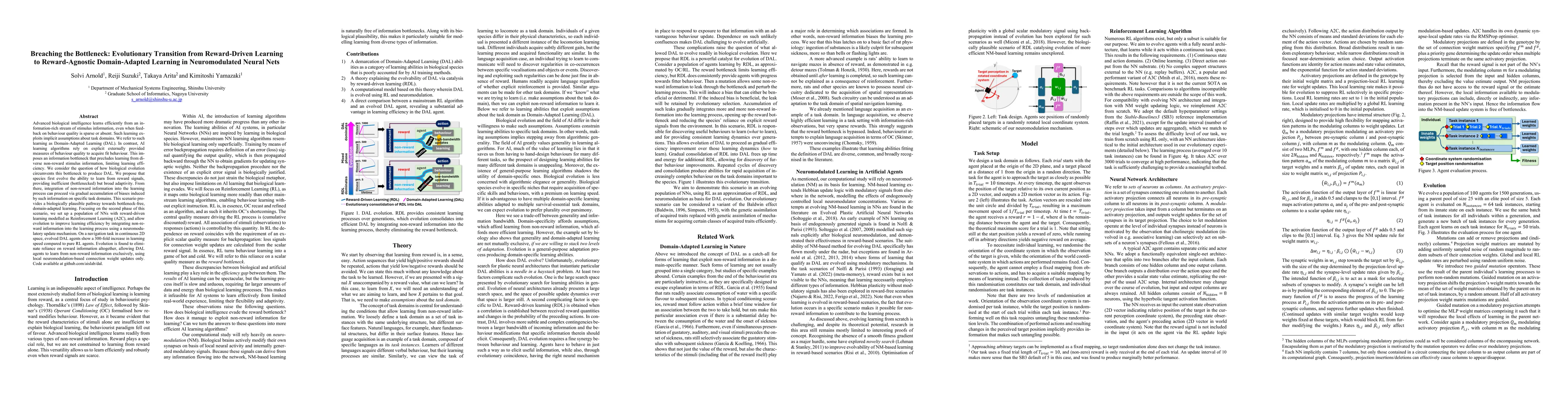 Thumbnail for Breaching the Bottleneck: Evolutionary Transition from Reward-Driven
  Learning to Reward-Agnostic Domain-Adapted Learning in Neuromodulated Neural
  Nets