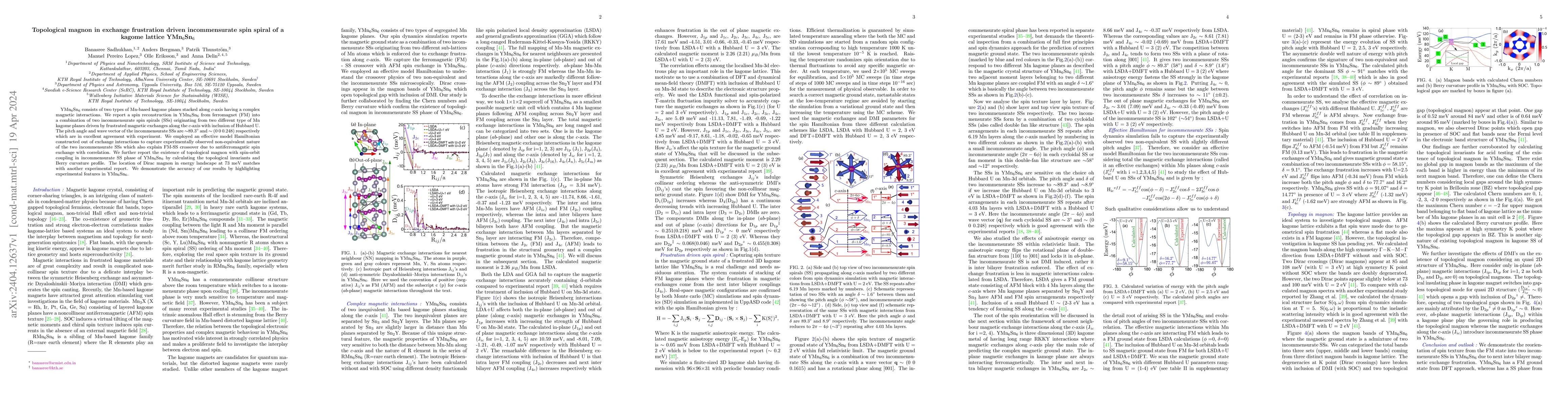 Thumbnail for Topological magnon in exchange frustration driven incommensurate spin
  spiral of a kagome lattice YMn$_6$Sn$_6$