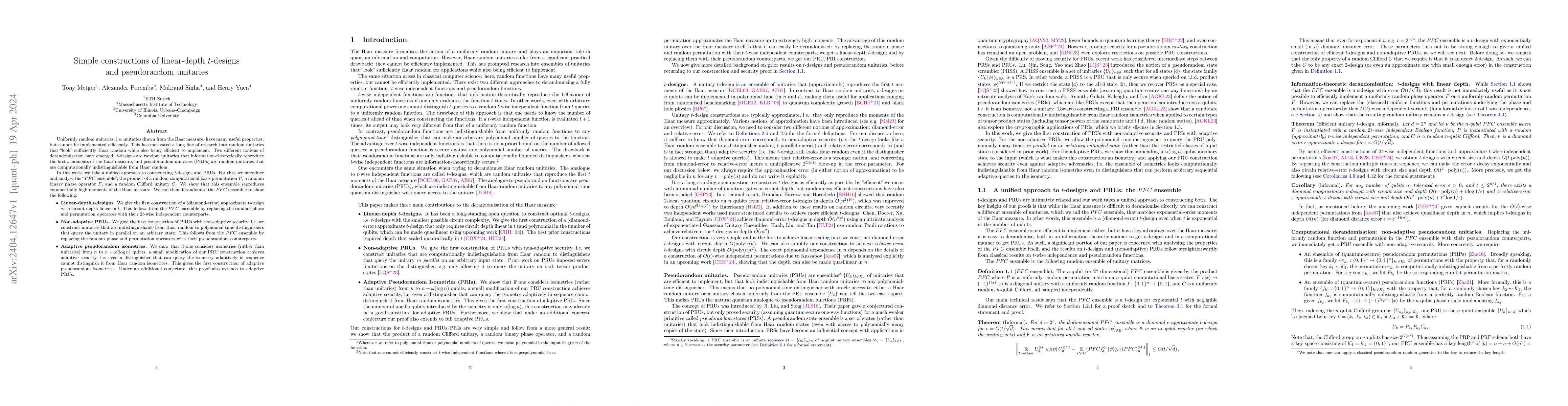 Thumbnail for Simple constructions of linear-depth t-designs and pseudorandom
  unitaries