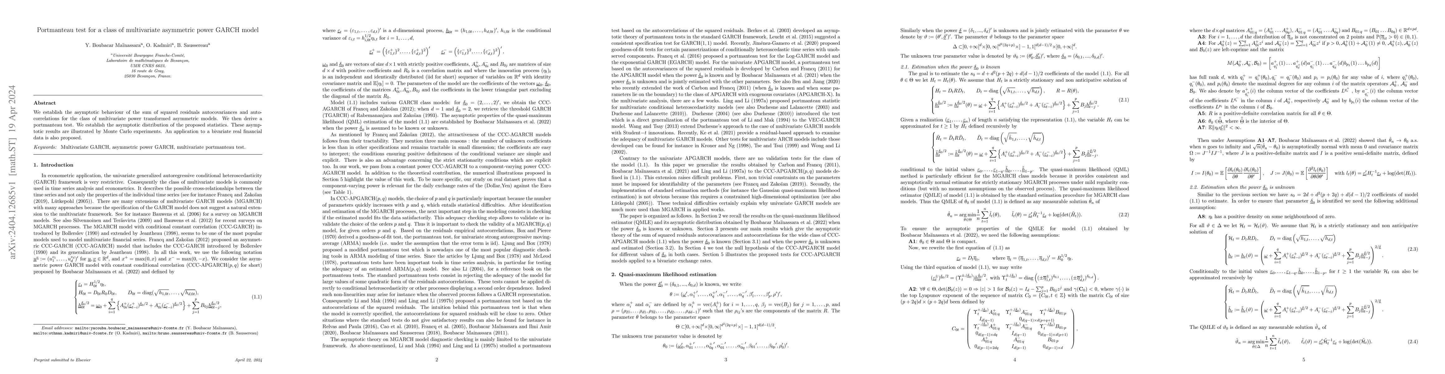 Thumbnail for Portmanteau test for a class of multivariate asymmetric power GARCH
  model