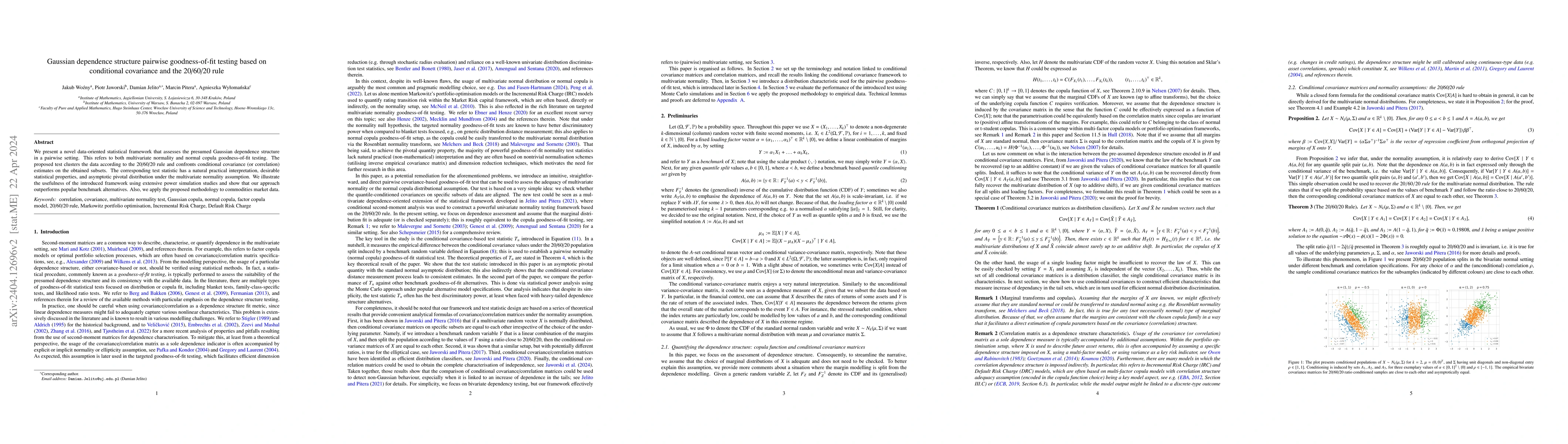 Thumbnail for Gaussian dependence structure pairwise goodness-of-fit testing based on
  conditional covariance and the 20/60/20 rule