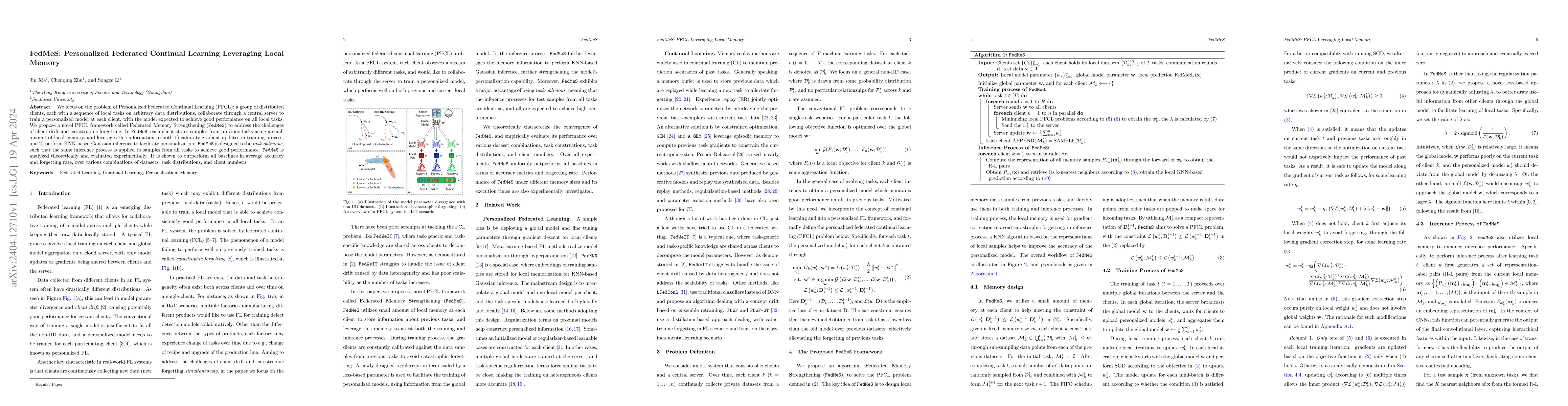 Thumbnail for FedMeS: Personalized Federated Continual Learning Leveraging Local
  Memory