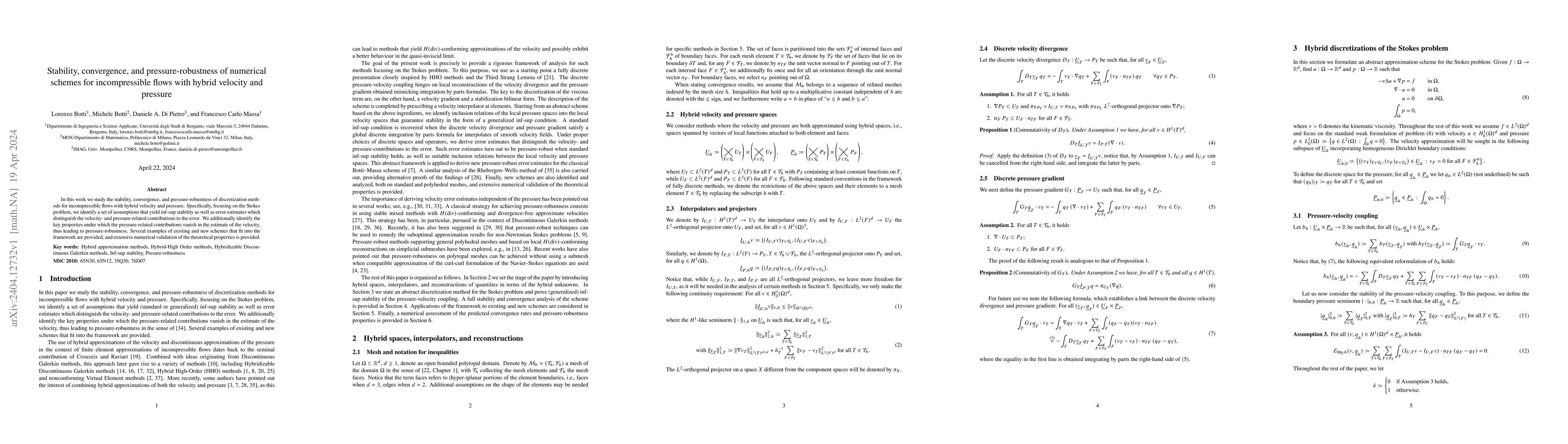 Thumbnail for Stability, convergence, and pressure-robustness of numerical schemes for
  incompressible flows with hybrid velocity and pressure