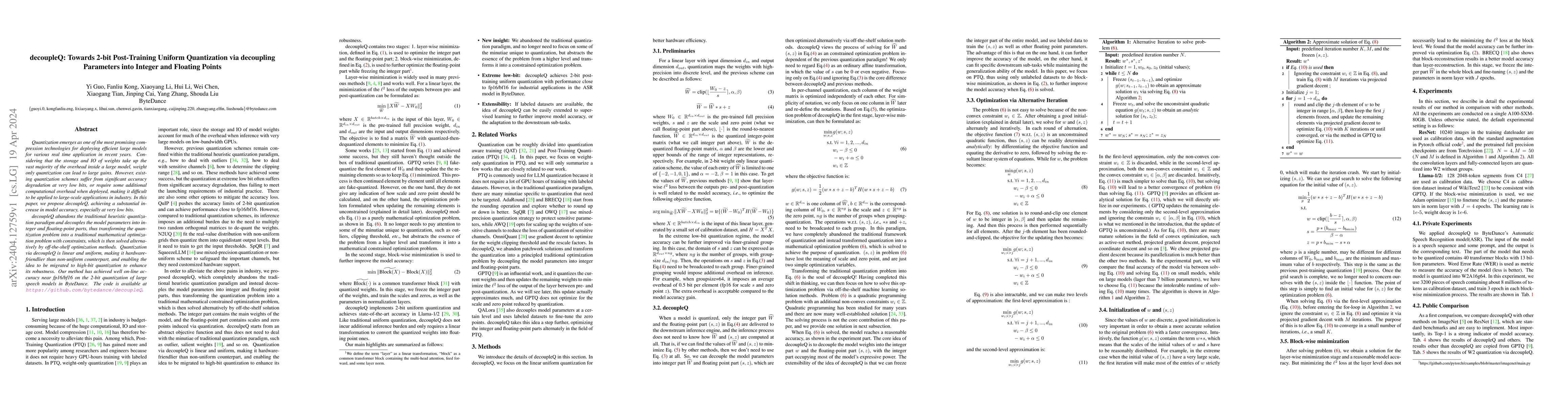 Thumbnail for decoupleQ: Towards 2-bit Post-Training Uniform Quantization via
  decoupling Parameters into Integer and Floating Points