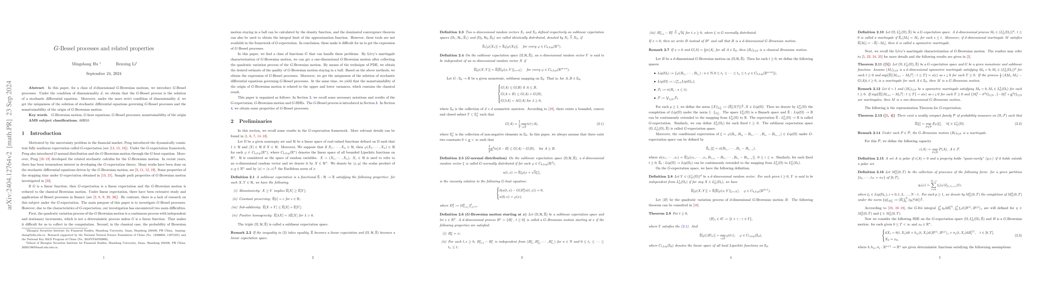 Thumbnail for $ G $-Bessel processes and related properties