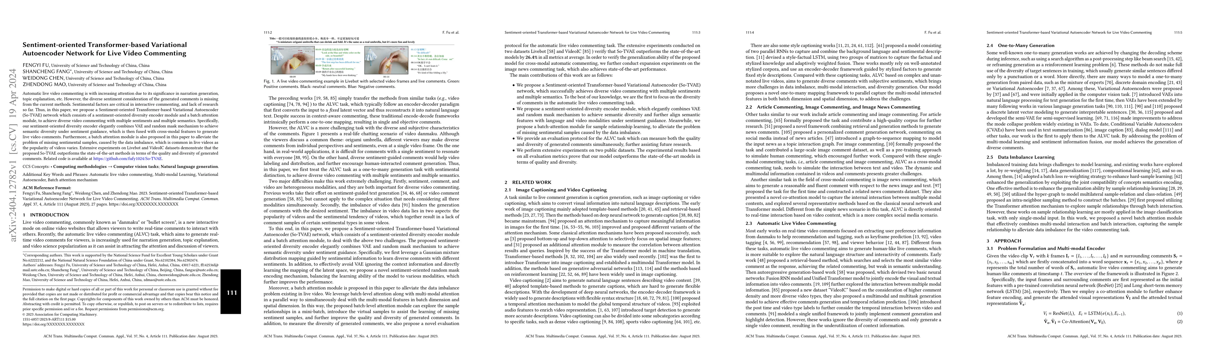 Thumbnail for Sentiment-oriented Transformer-based Variational Autoencoder Network for
  Live Video Commenting