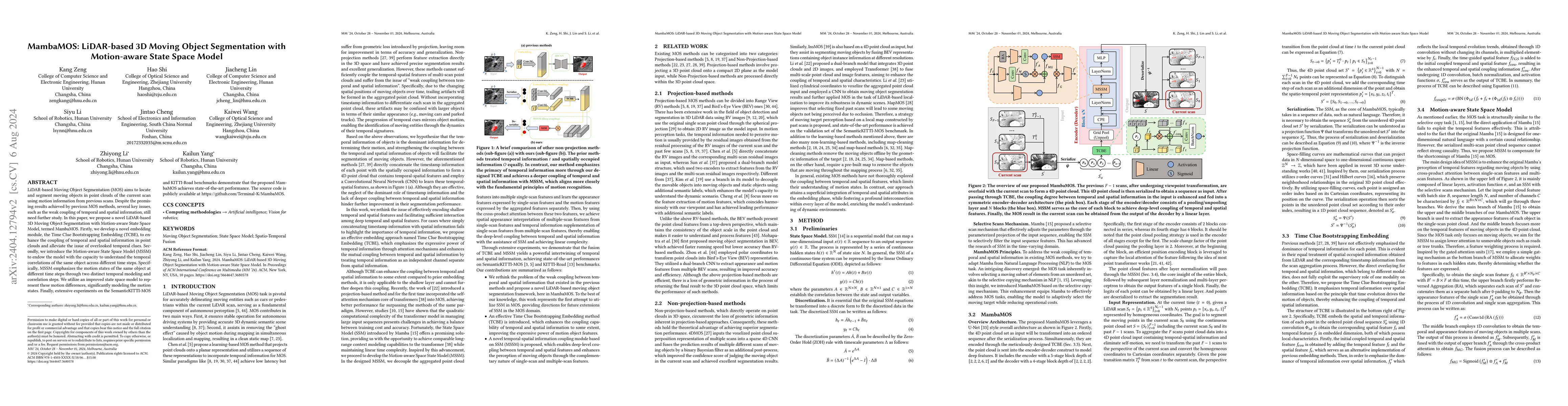 Thumbnail for MambaMOS: LiDAR-based 3D Moving Object Segmentation with Motion-aware
  State Space Model